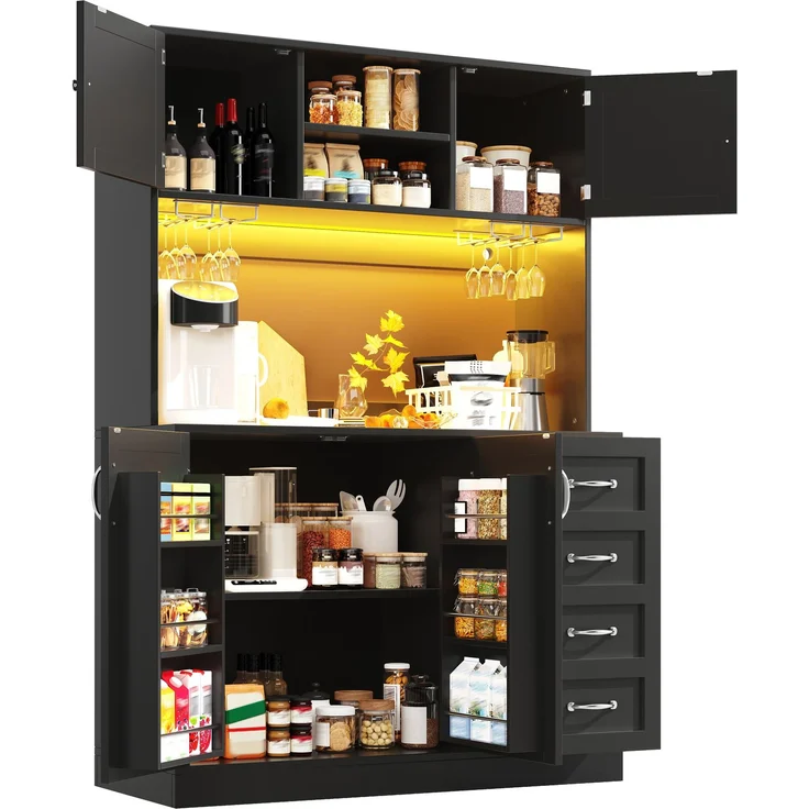 Seitenboard / Aufbewahrungsschrank / Küchenschrank / Buffetschrank, 120x40x188cm, mit LED-Beleuchtung, Snackregal & Getränkehaltern, 4 Türen & 2 große Schubladen, Grün/Schwarz/Weiß--Schwarz--120x40x188cm--YOUDENOVA – Bild 8