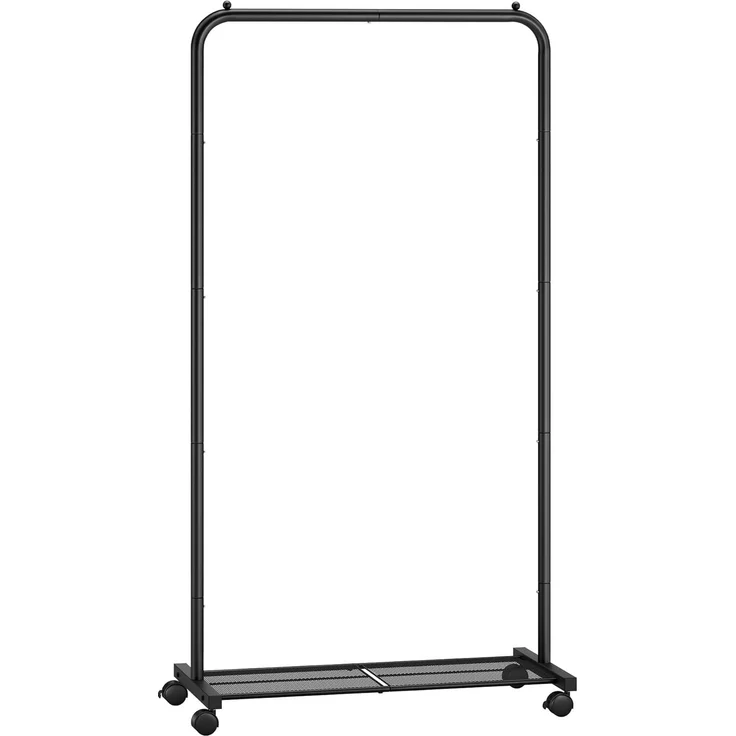 Songmics Kleiderständer, Kleiderstange auf Rollen, Garderobenständer 74 cm breit, Rollgarderobe mit Gitterablage, bis 35 kg belastbar, 2 Rollen arretierbar, Stahlrahmen, schwarz HSR130B01 – Bild 1