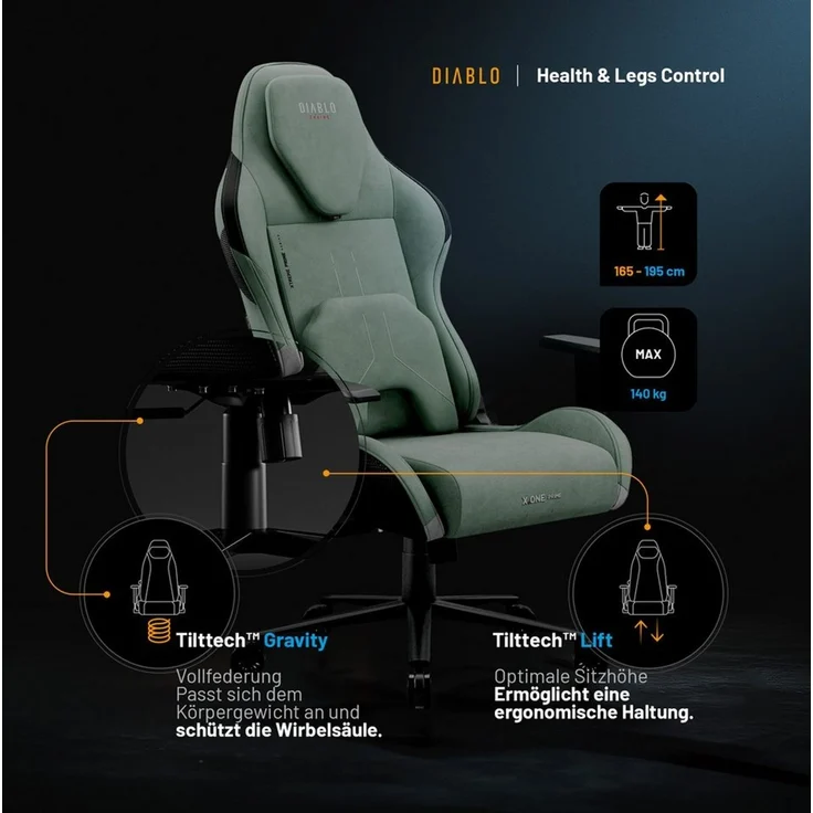Diablo Gaming Stuhl Stoff X.One Prime Gamer Stuhl Ergonomisch mit Magnetische Kopfstütze und Kühlender Sitz Robuste Metallbasis, Höhenverstellbare Armlehnen Pc Stuhl, Gaming Chair 140 kg Ghotic Green – Bild 3