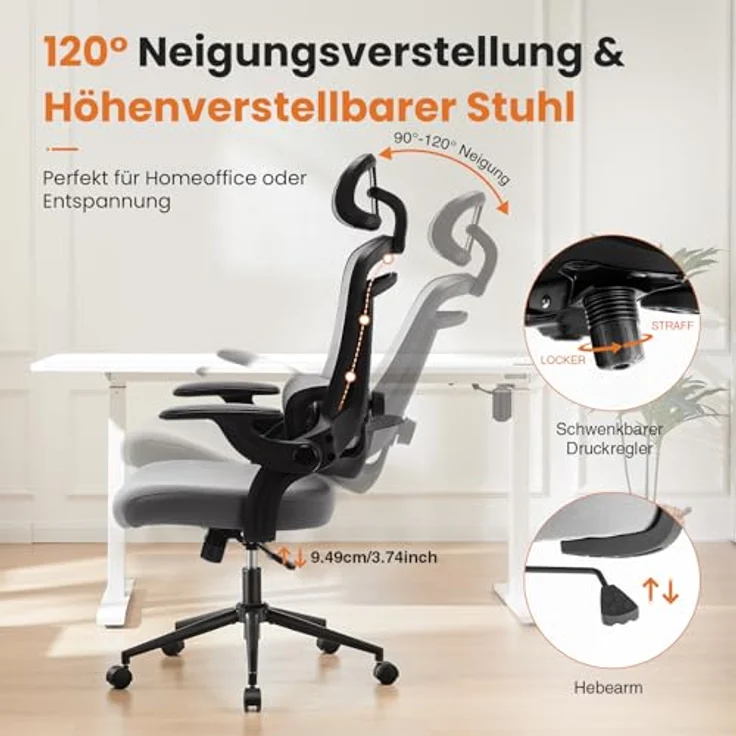 Sweetcrispy Ergonomischer Bürostuhl, Schreibtischstuhl Ergonomisch, Atmungsaktiver Netzstuhl mit Verstellbarer Kopfstütze, Armlehnen, Höhenverstellbarer Lendenwirbelstütze, für Homeoffice, Grau – Bild 8