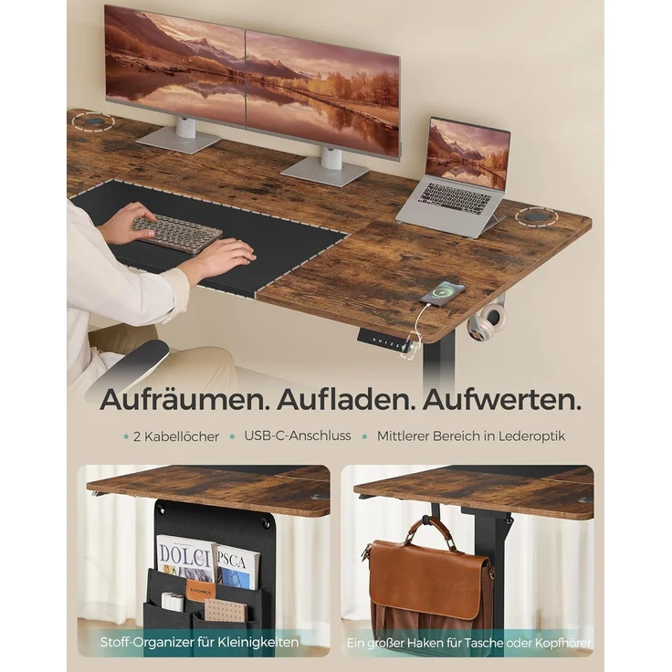 SONGMICS Höhenverstellbarer Schreibtisch elektrisch, 180 x 80 cm, stufenlos verstellbar, Memory-Funktion mit 4 Höhen, USB-C-Anschluss, vintagebraun-mattschwarz – Bild 6