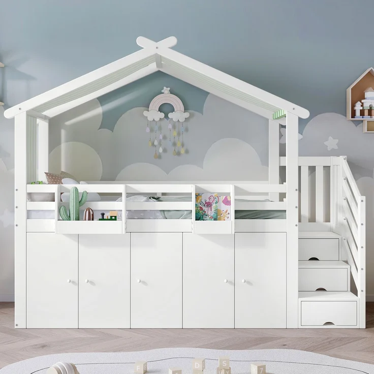 Merax Etagenbett, Kinderbett 90x200cm, mit Fallschutzgitter, 1 Kleiderschrank und 2 Schließfächer, mit 3 Schließfächer in der Treppe, gestreifter Stoff, Kiefer+MDF+Sperrholz, Weiß+Grün – Bild 2