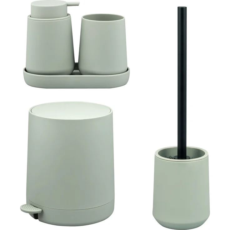 Bad-Accessoires Set TESERO 5tlg. bestehend aus 1x Seifenspender, 1x Becher, 1x Schale, 1x WC-Garnitur, 1x Kosmetikeimer aus Kunststoff in Salbei – Bild 1
