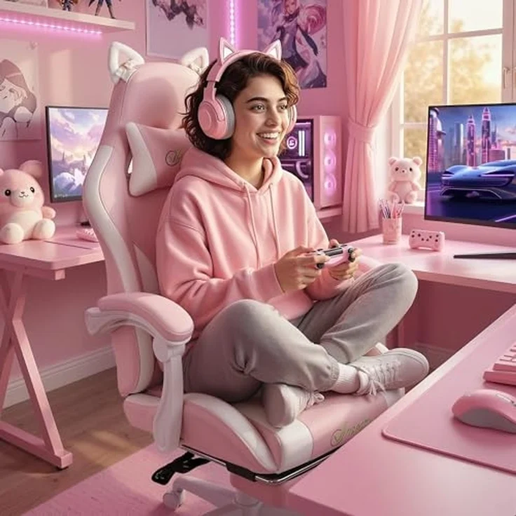 Vinsetto Gaming-Stuhl PC Stuhl Kunstleder (Computerstuhl, 1 St), Katzenohren, Lendenkissen mit Katzenpfoten, Fußstütze – Bild 2