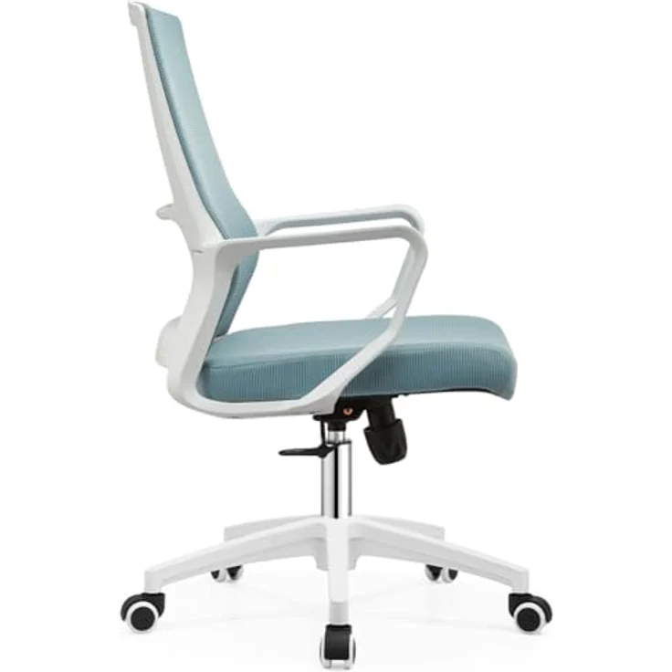 Shally Dogan Ergonomischer Drehstuhl mit Lendenwirbelstütze, Schreibtischstuhl, Arbeitszimmerstuhl, höhenverstellbar, stabile weiße Basis, schweißfeste Rückenlehne (blau) – Bild 6
