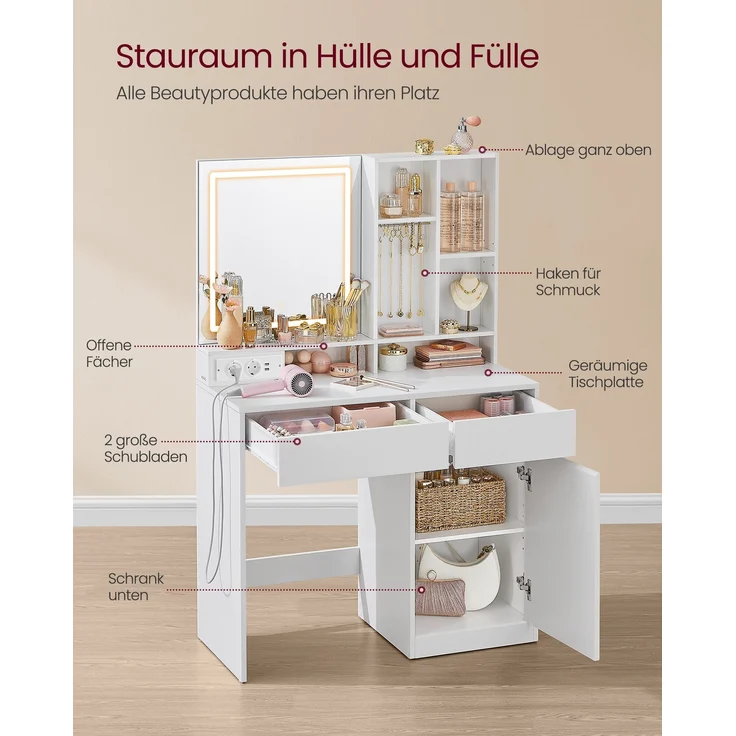 VASAGLE Schminktisch mit LED-Beleuchtung, Steckdosenleiste, Frisiertisch mit Schubladen, 90 cm breit, verstellbaren Ablagen, Schmuckaufbewahrung, für Schlafzimmer, wolkenweiß RDT134W01 – Bild 2
