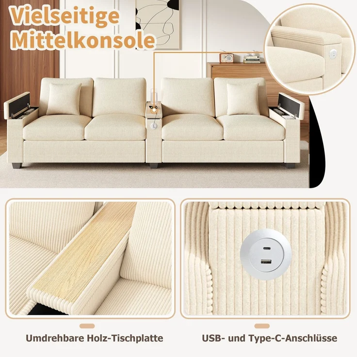 Big-Sofa mit Mehrfachsteckdosen und Stauraum, USB und Type-C, 4-Sitzer, inkl. loser Rückenkissen, Cord Bezug – Bild 3