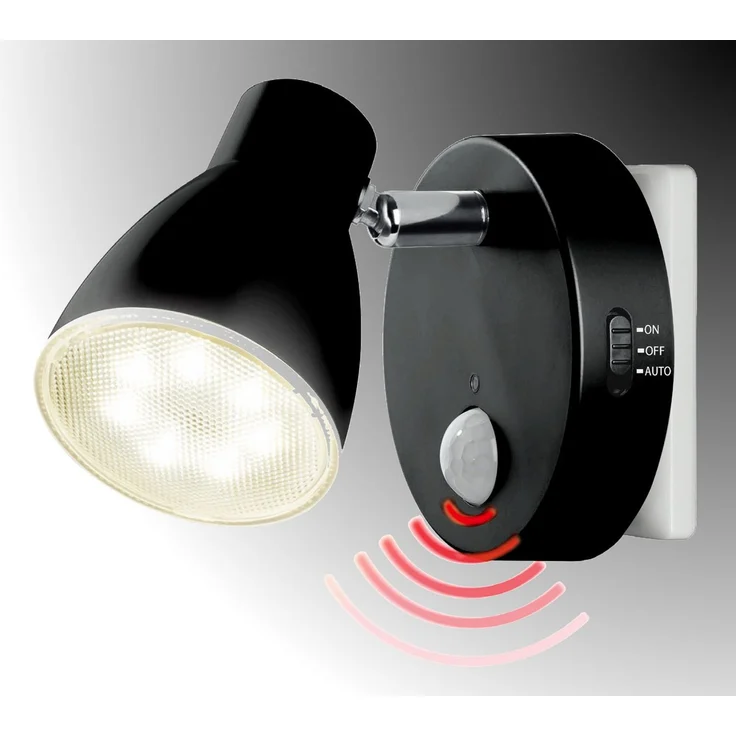 TRANGO LED Nachtlicht, 2635-015 LED Sensor Nachtlicht *MILO* mit Bewegungssensor & Automatikfunktion in Schwarz Sicherheitslicht direkt 230V, Steckdose Lampe, Wandlampe, Orientierungslicht, Nachtlampe, Steckdosenlicht