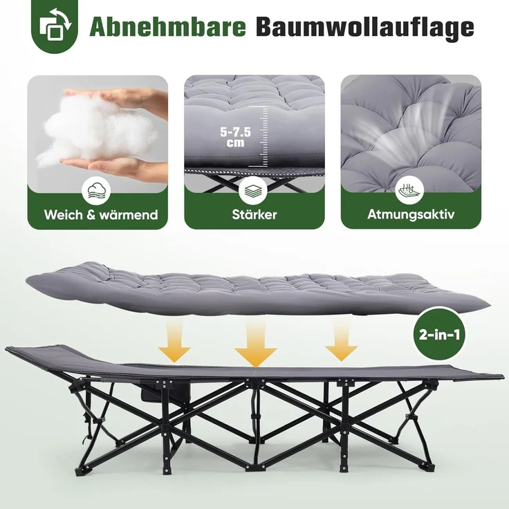 Sekey Feldbett Campingbett Klappbar Campingliege mit Matratze Angelliege Klappbett bis 200 kg – Bild 5