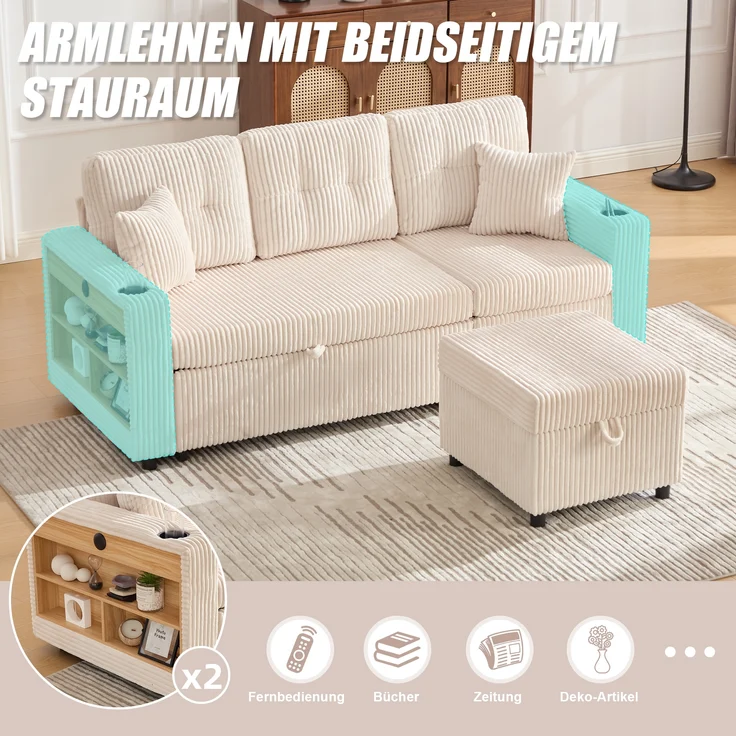 LVHOM Schlafsofa mit LED & USB, Ecksofa mit Ablagefächern, Schublade und Becherhaltern, Schlafcouch aus Cordstoff, frei Kombination, 196x144x85 cm – Bild 5