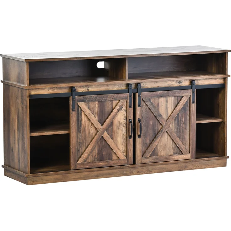 TV-Schrank 148 x 40 x 78 cm für Fernseher bis 65 Zoll, Rustikales Design mit Schiebetüren, 8 Ablagefächern, 2 höhenverstellbaren Regalen – Bild 9