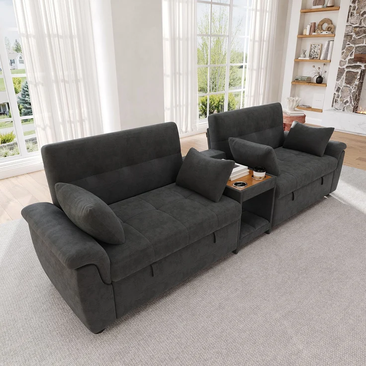 Merax U-förmiges Schlafsofa, ausziehbar, Doppel-Schlafauszug, verstellbare Rückenlehne, Haustierbereich, Couchtisch mit 2 Becherhaltern, 4 Kissen, Chenille, Dunkelgrau, 284×138×89 cm – Bild 3