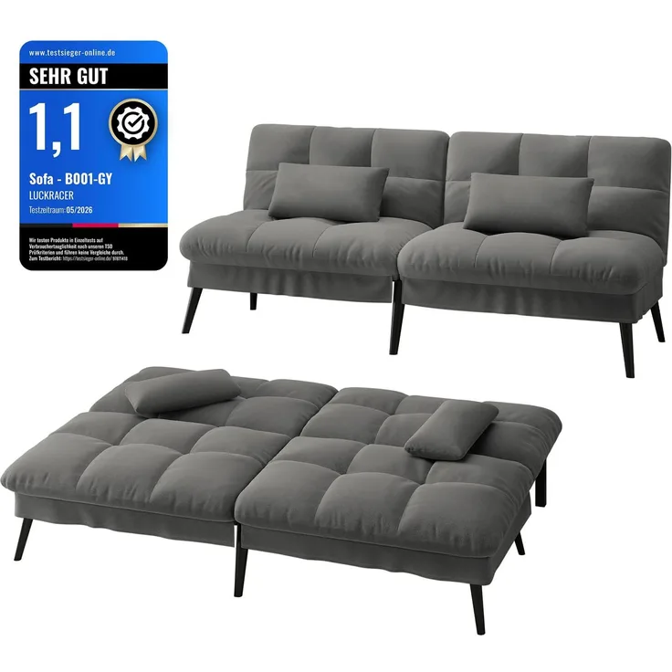 COMHOMA Schlafsofa mit Schlaffunktion – Futonbezug ausklappbar – Ecksofa – Gästesofa 3-Sitzer – mit Verstellbarer Rückenlehne aus grauem Stoff