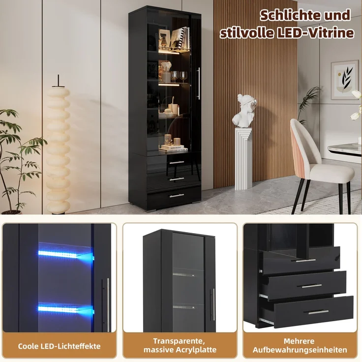 DESVIAE Vitrine aus MDF, Schwarz, 60x180x35 cm, mit 3 Schubladen und LED-Beleuchtung – Bild 4