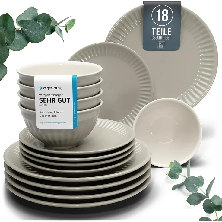 Steingut Geschirrset 6 Personen Hygge 18 tlg. TESTSIEGER, Traumhaftes Skandinavisches Steingut Geschirr Set, Schüssel- und Teller Set, Tafelservice 6 Personen, Geschirrsets Pure Living in Hellbraun
