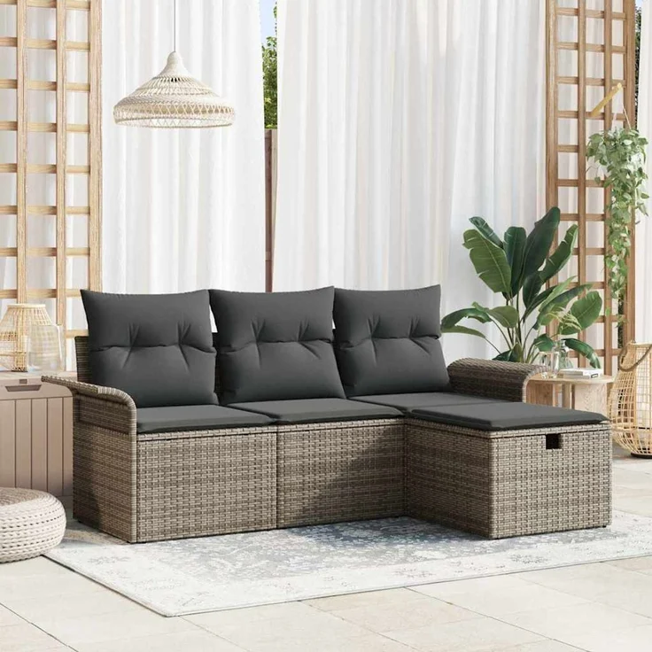vidaXL Gartensofa-set mit Kissen mit Speicher 4 pcs Grau Poly-Rattan 3358848 – Bild 1