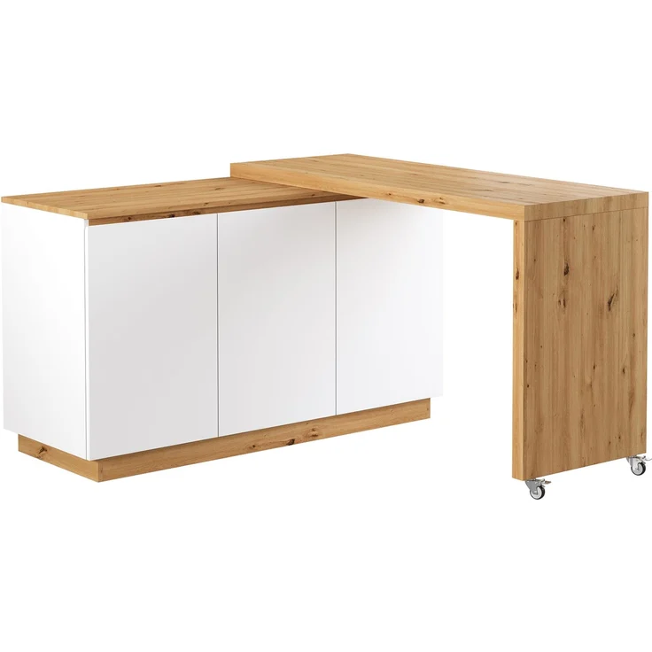 Drehbarer Schreibtisch mit Sideboard & Rollen, 124x45x82 cm, Weiß/Eiche – Bild 5