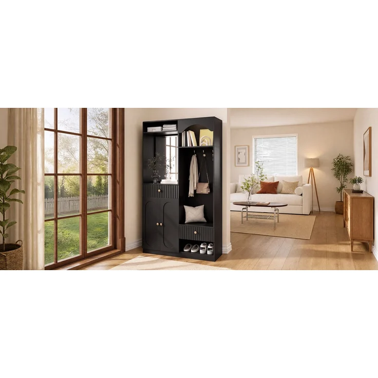 Faumrta Kompaktgarderobe mit Spiegel und Sitzbank,Flurgarderobe mit Schuhschrank und Haken, Kleiderhaken,Kompaktgarderobe,Flurmöbel Set,Flurgarderobe,LED-Streifen mit einstellbarer Farbe100CM*35CM*180CMSchwarzMDF (Medium-Density-Faserplatte) – Bild 6
