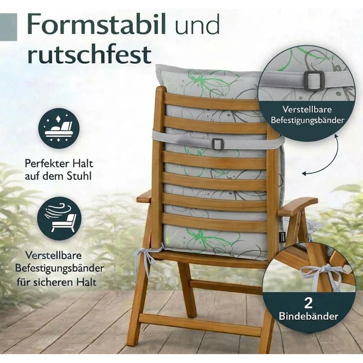 BURI 4x Auflagen Set Hochlehner für Gartenstühle 120x48x7cm Sesselauflagen Polster UV Lichtecht - Gartenstuhlauflagen Blumen Muster Stuhlkissen mit Dicker Schaumstoff Füllung (Grau) – Bild 4