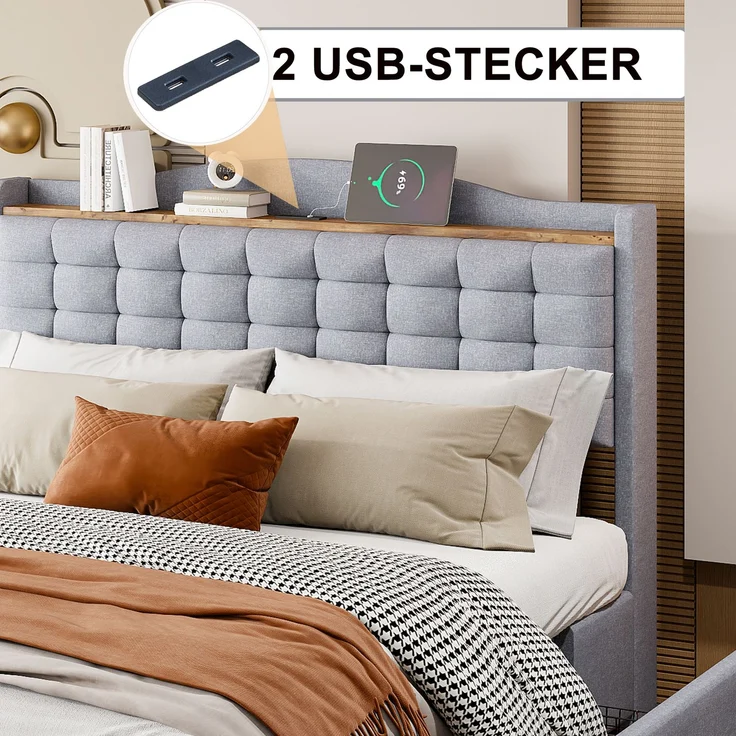 Polsterbett 140*200 cm, Nachttisch mit USB-Ladeanschluss und Ablage, Doppelflachbett mit 4 Schubladen, Leinenstoff Grau – Bild 3