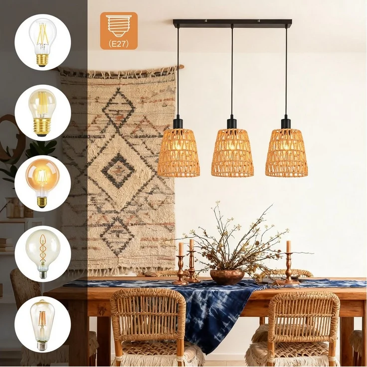 Nettlife Pendelleuchte Retro Boho Hängelampe Rattan höhenverstellbar 1/3 flammige E27, Höhenverstellbar, ohne Leuchtmittel, ob Schlafzimmer Flur Esszimmer Dachboden Küche – Bild 3
