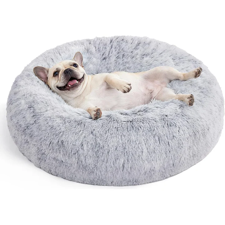 Feandrea Hundebett flauschig, Katzenbett, Donut Kissen, waschbar, Polsterung in der Mitte herausnehmbar, Langer Plüsch, 70 cm Durchmesser, Ombré-Grau PGW039G01 – Bild 1