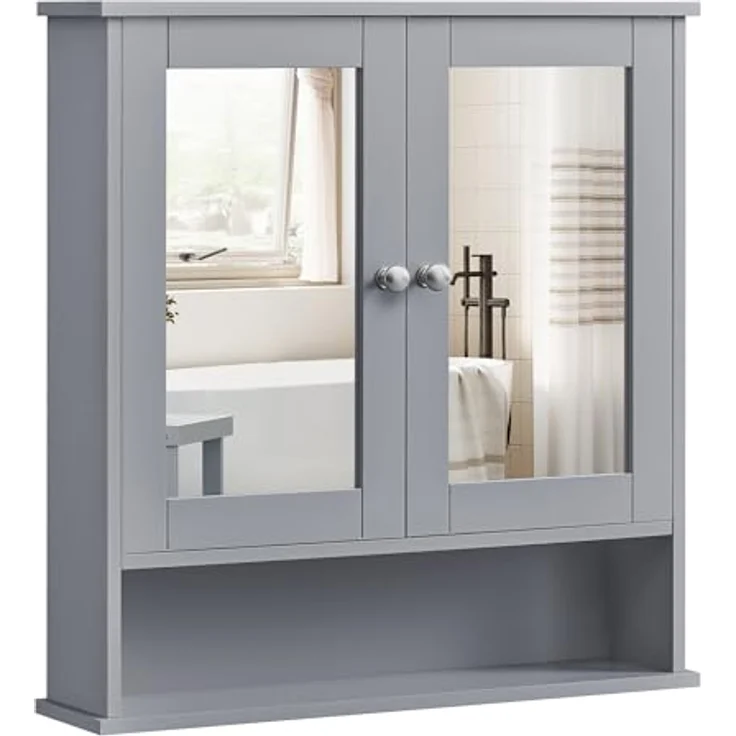 VASAGLE Spiegelschrank, Badschrank, Wandschrank, Hängeschrank mit 2 Spiegeltüren und offenem Fach, verstellbare Ablage, Wandmontage, 13 x 56,5 x 58,5 cm, Taubengrau LHC002G02 – Bild 2