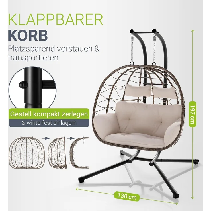 Juskys Doppelhängesessel Aria - Polyrattan Hängesessel mit Gestell & Kissen - Schaukel für zwei Personen - Outdoor Indoor Sessel - XXL Korb Beige – Bild 4
