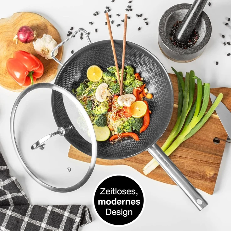 Moritz & Moritz Wok Wokpfanne 30cm mit Deckel, Edelstahl (Set), Antihaft – Bild 4