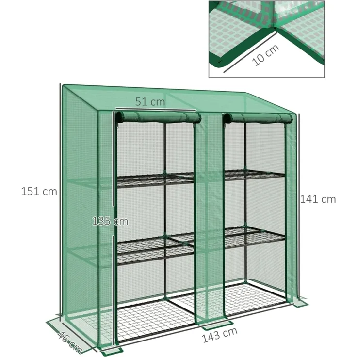 Wohnora-Mini-Gewächshaus, 3 Etagen, 6 Drahtregale, 2 Öffnungen, Kunststoff-Plane, Grün,H 151cm x T 143cm x B 46cm