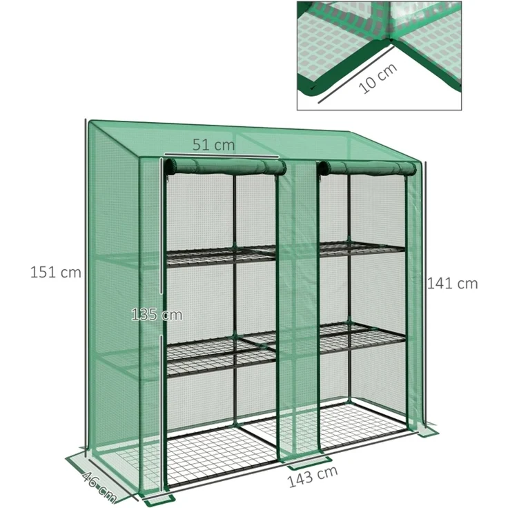 Wohnora-Mini-Gewächshaus, 3 Etagen, 6 Drahtregale, 2 Öffnungen, Kunststoff-Plane, Grün,H 151cm x T 143cm x B 46cm – Bild 1