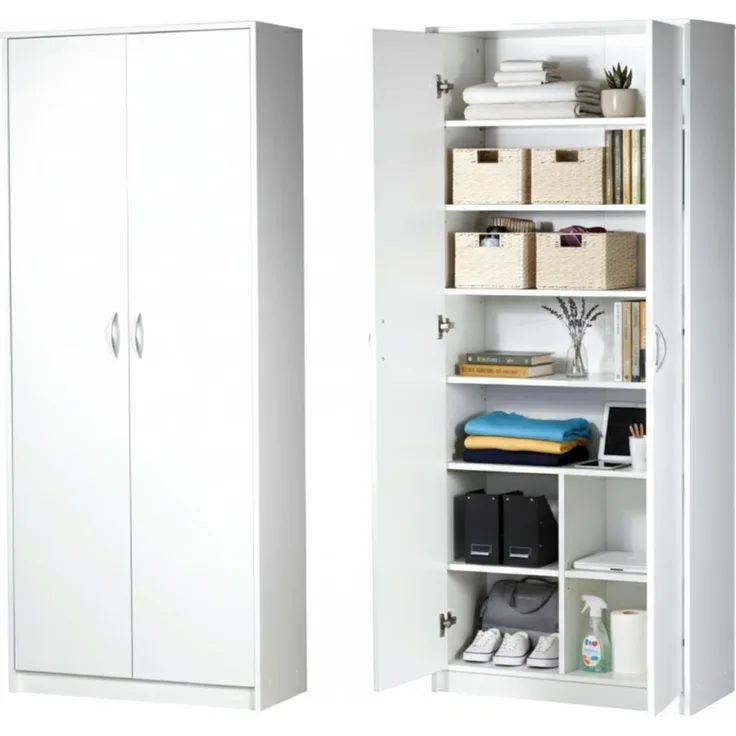 Schrank Mehrzweckschrank weiß 74cm Breite 180cm Höhe mit sechs Einlegeböden und Extra-Fach, Aktenschrank Haushaltsschrank Organizer aus MDF Holz