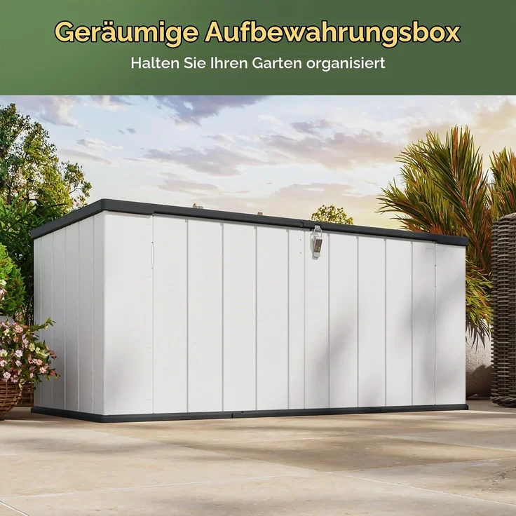 Aoxun Gartenbox aus Harz 600L,Auflagenbox Wasserdicht Außenmaße:142 x 67 x 63 cm,Wetterfest,Abschließbar,Weiß – Bild 4