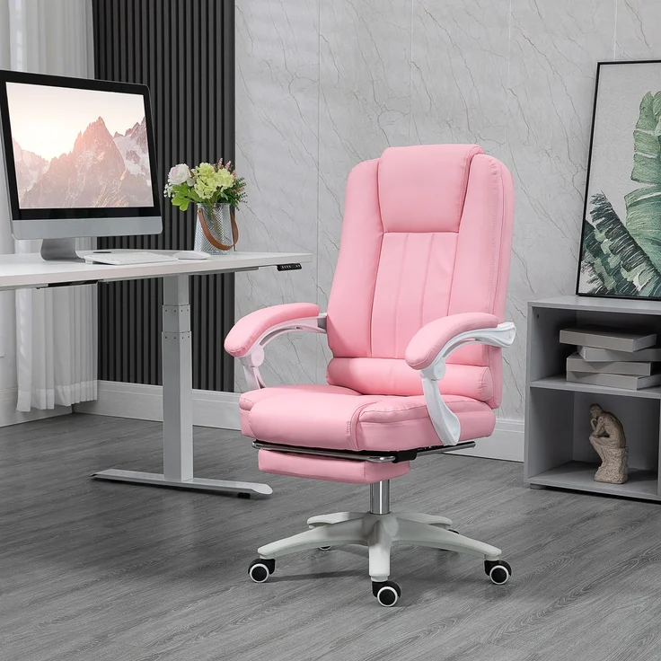 MELAYR, Bürostuhl mit Fußstütze, verstellbare Rückenlehne, höhenverstellbar, 5 Rollen, Rosa + Weiß, 65 x 68 x 116 cm – Bild 4