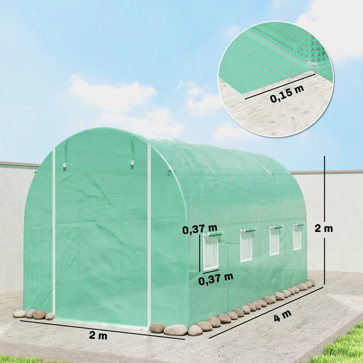 MELAYR, Gewächshausfolie 4 x 2 m, wasserdicht Gartenfolie mit Tür, 8 Fenster, UV Schutz, Grün – Bild 5