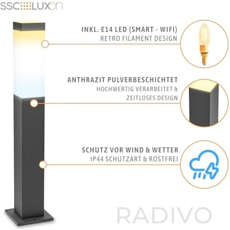 SSC-LUXon RADIVO Wegeleuchte Außen, LED Kerze E14, WLAN steuerbar, dimmbar CCT, anthrazit, kompatibel mit Amazon Alexa – Bild 5