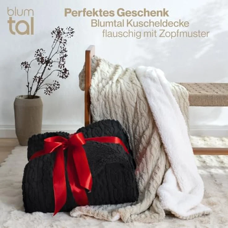 Blumtal Wohndecke, Oeko-TEX zertifiziert, waschbar, weiche Sherpa-Innenseite, Schwarz, 130x150 cm – Bild 5