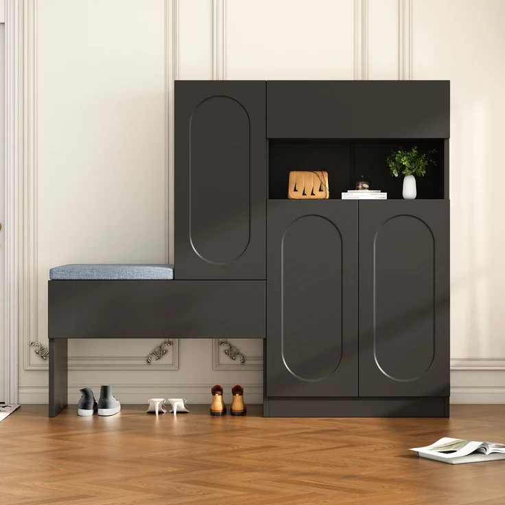 Trendiger 2-in-1 Schuhschrank mit gewölbten Türen – Klapptür mit Soft-Close-Funktion, höhenverstellbaren Fächern und gepolsterter Sitzbank, Schwarz, 130×35×110cm – Bild 2