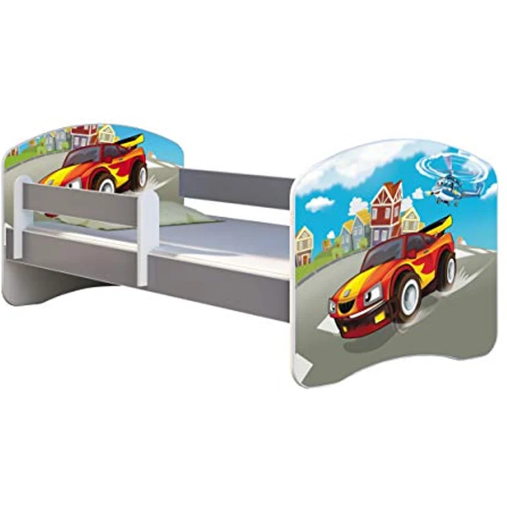 ACMA Kinderbett Jugendbett mit Einer Schublade und Matratze Grau mit Rausfallschutz Lattenrost II (03 Racing Car, 160x80) – Bild 2