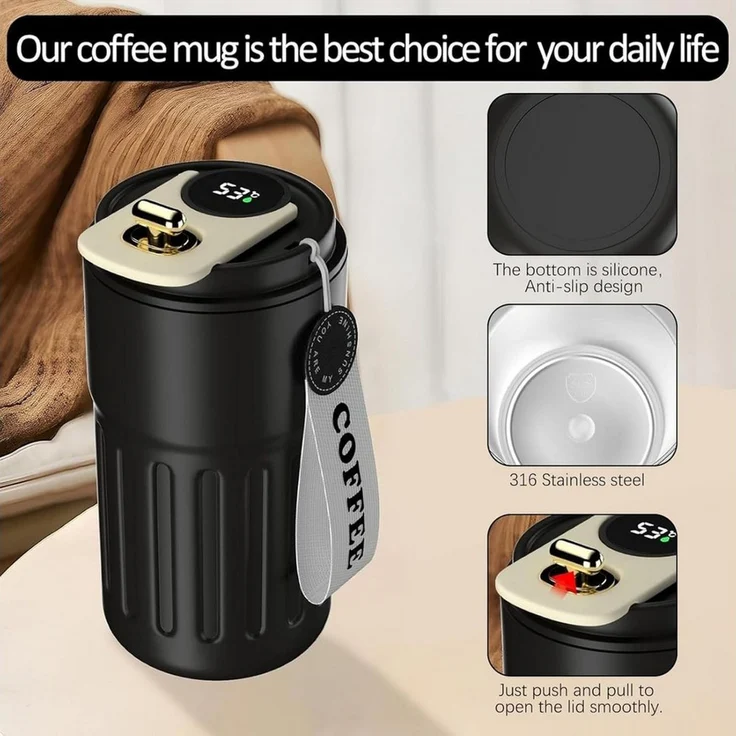 EXTSUD Thermobecher 410ml 316 Edelstahl Kaffeebecher, Digitalanzeige Thermobecher, 316-Edelstahl und Keramik, Travel Coffee Mug, Isolierter auslaufsicher Termokaffeebecher – Bild 2