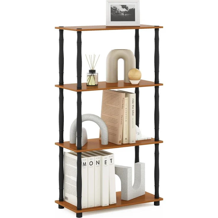 Furinno 4-Ebenen Mehrzweck-Regal mit klassischen Röhren, holz, Helle Kirsche/Schwarz, 29. 46x59. 94x109. 86 cm – Bild 1