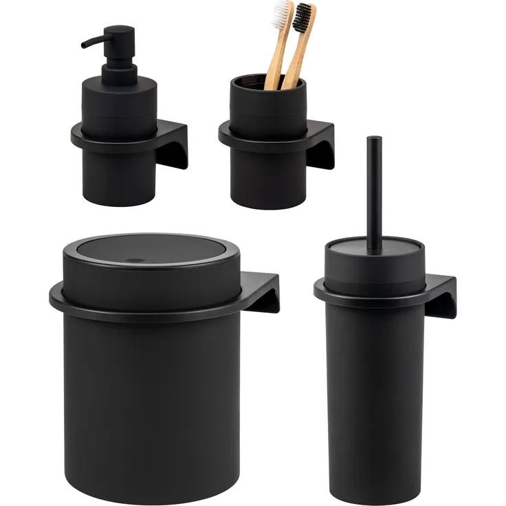 bremermann Bad-Accessoires Set SAVONA 4tlg. bestehend aus 1x Seifenspender, 1x Becher, 1x WC-Garnitur, 1x Kosmetikeimer aus Kunststoff in Schwarz