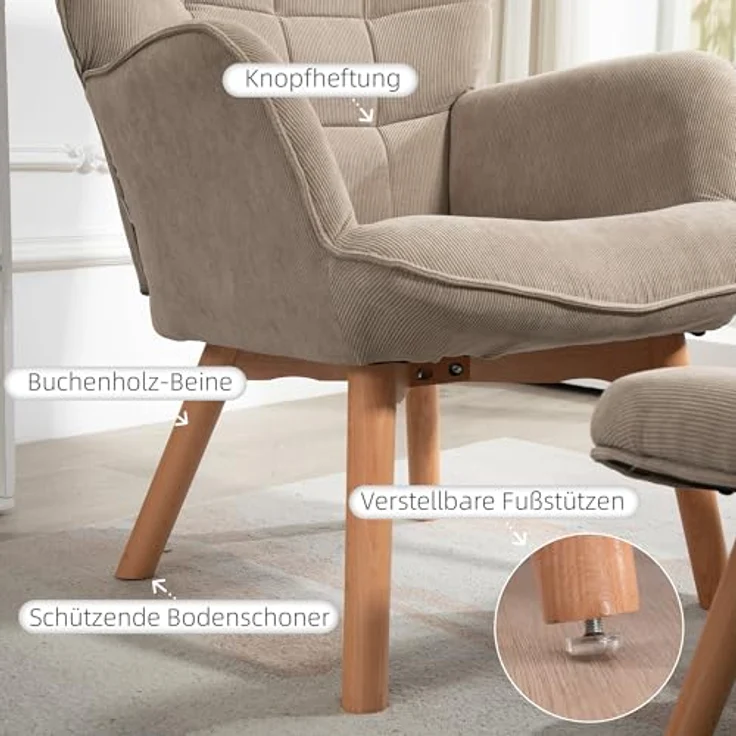 HOMCOM Relaxsessel Ohrensessel mit Hocker, Polstersessel in Cord-Optik (Loungesessel, 2-St, Armlehnstuhl), für Wohnzimmer, Hellbraun – Bild 6