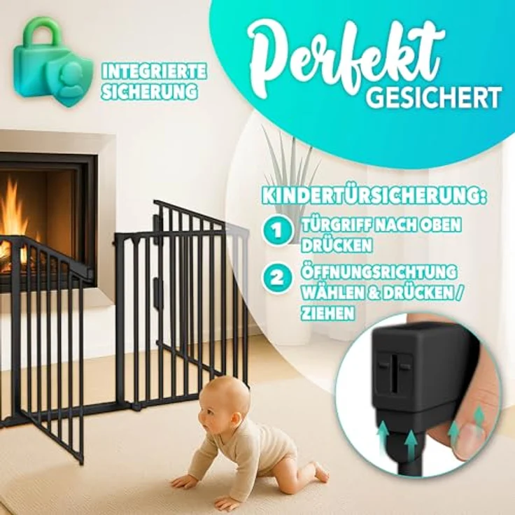 KIDUKU® Kaminschutzgitter mit Tür Metall 305 cm | Absperrgitter Ofenschutzgitter faltbar | Konfigurationsgitter inkl. 5 Elementen (Schwarz) – Bild 4