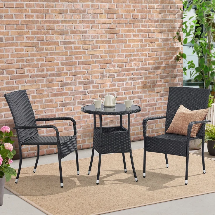Juskys Polyrattan Gartentisch Yoro wetterfest - Balkontisch Ø 60 cm rund - Rattan Beistelltisch mit Glasplatte - kleiner Tisch für Balkon - Schwarz – Bild 1