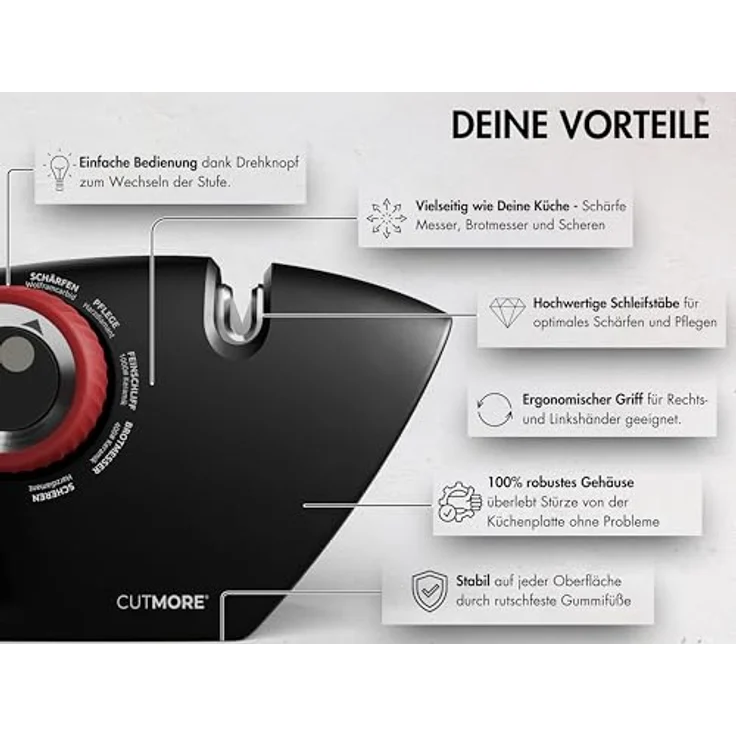 CUTMORE 5-in-1 Messerschärfer, Diamant Messerschleifer für Messer, Brotmesser & Scheren, rutschfest und einfach zu bedienen, Testsieger aus der Hobbykoch-Community – Bild 2