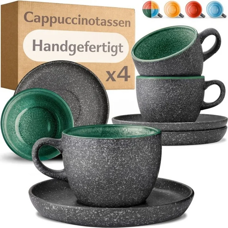 Cosumy Cappuccinotasse Cappuccino Tassen mit Untertassen 4er Set grün, 8-tlg, Keramik, Warm – Bild 4