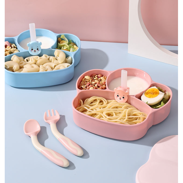 ABC Dunkelblaues 6-teiliges Baby-PP-Essteller-Set, Kindergeschirr-Set, integrierte Fächer, inklusive Baby-Silikon-Trinkbecher, Strohhalm und Übungslöffel – Bild 5