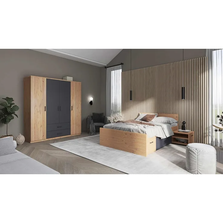 Funktionsbett | Stauraumbett | Bett mit Schubladen und Nachttische | Farbe Eiche Artisan - Grau |Für Erwachsene, Kinder, Jugendliche | Doppelbett| Liora Bett 140x200 cm