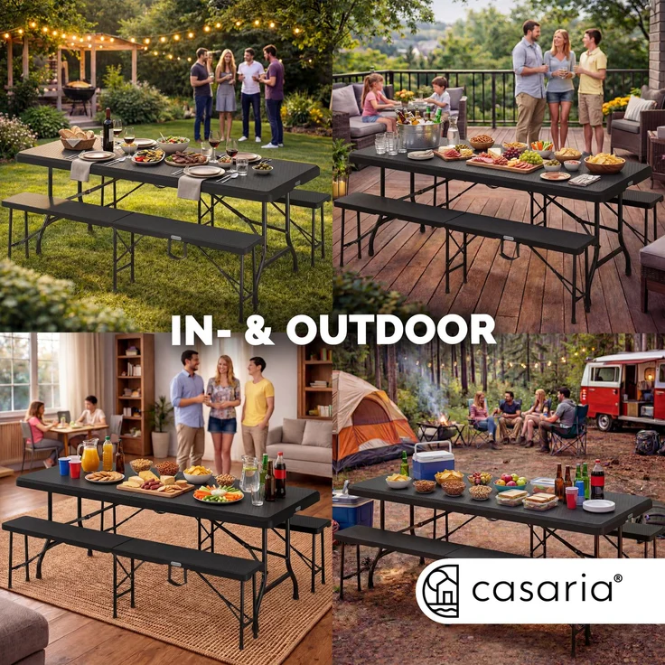 Casaria 'Malmö' Bierzeltgarnitur, 3-teilig, klappbar, Polyrattan schwarz, 180 x 75 x 73 cm – Bild 7